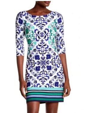 Vince Camuto Filigree Print Shift Dress Green White Blue 3/4 Length Sleeve Sz 2